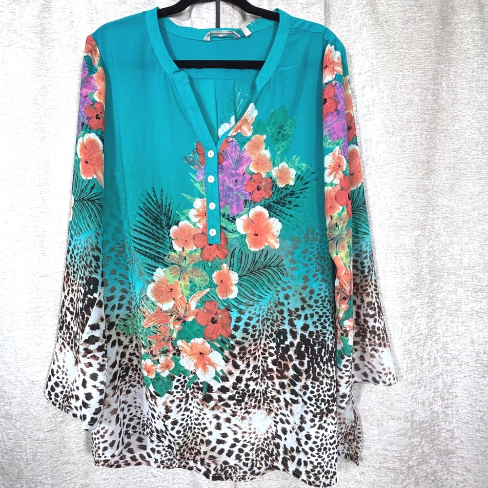 Soft Surroundings Tropical Cheetah Print Sheer Tunic Long Sleeve V-Neck MOP Sz L